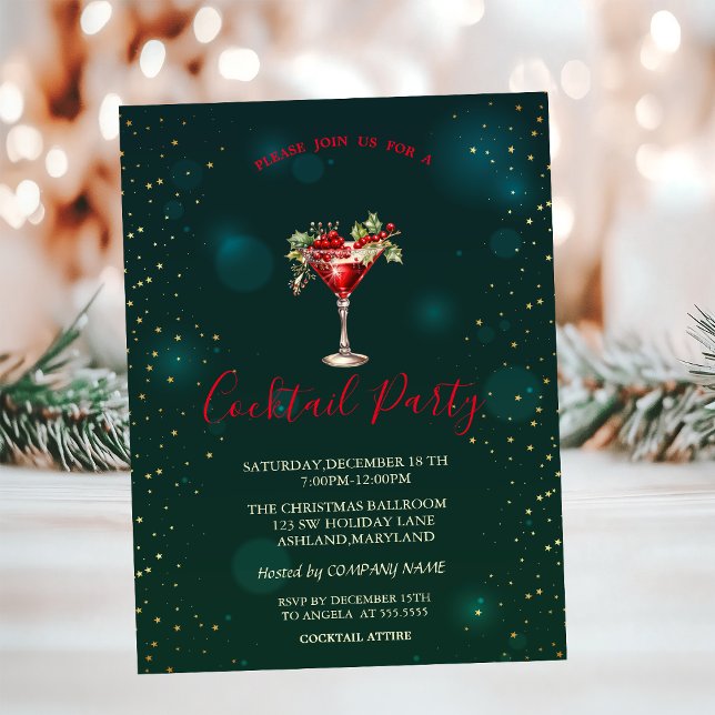 Red Cocktail Stars Green Christmas  Invitation (Creator Uploaded)