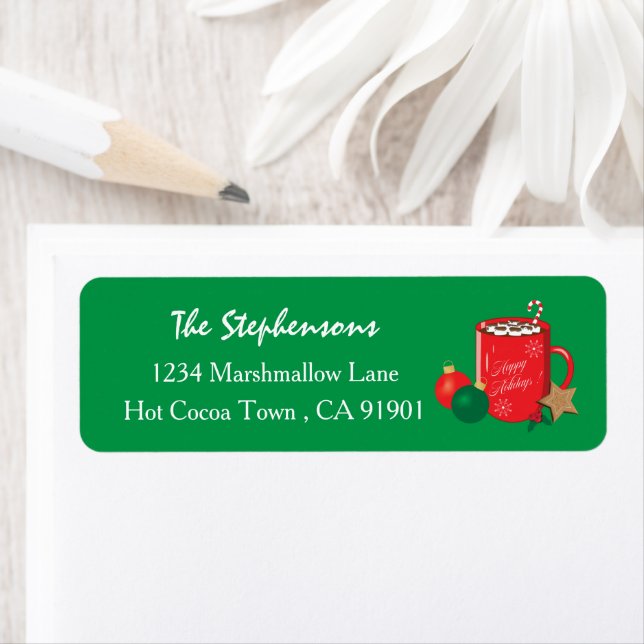 Red Cocoa Mug Green Holiday Return Address Labels (Insitu)