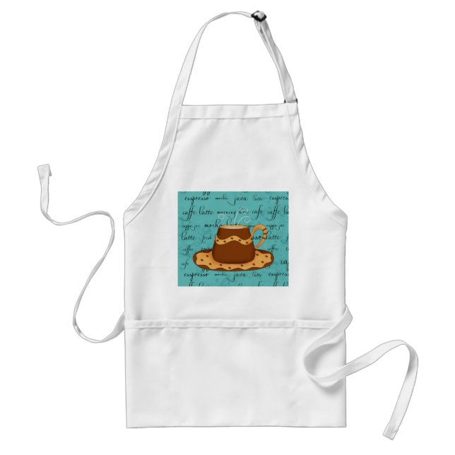 Red Coffee Cup Art on  Turquoise Script Words Standard Apron (Front)
