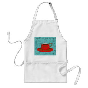 Red Coffee Cup Art on  Turquoise Script Words Standard Apron