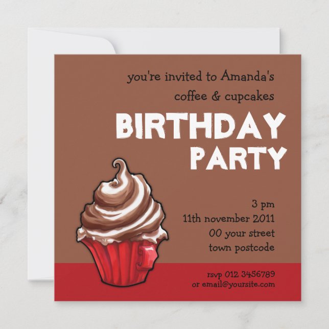 Red Coffee Cupcake coffee Birthday Invitation (Front)