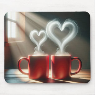 Red Coffee Mugs With Steamy Hearts Mouse Pad