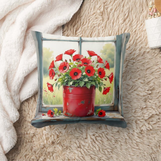 Red Coffee Tin of Red Poppies Cushion (Blanket)