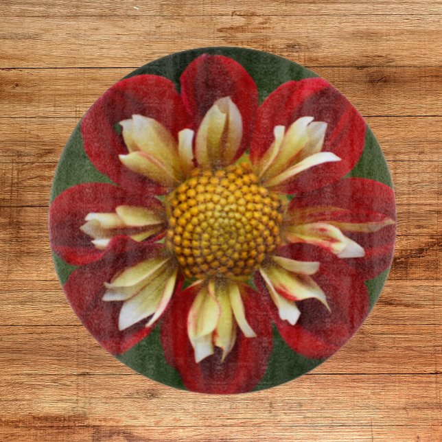 Red Collarette Dahlia Floral Cutting Board (In Situ)