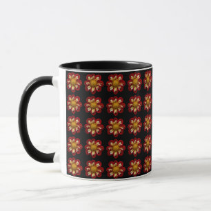 Red Collarette Dahlia Floral Pattern on Black Mug