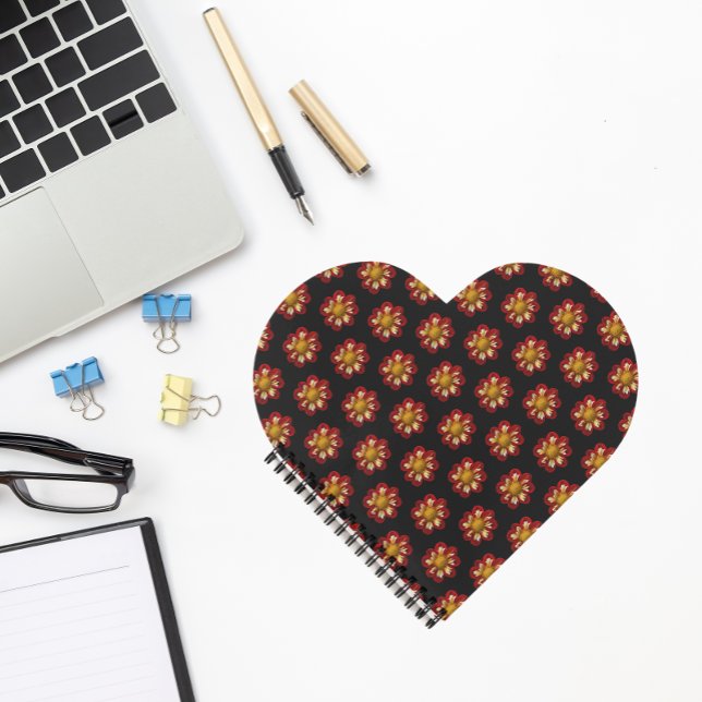 Red Collarette Dahlia Floral Pattern on Black Notebook (In Situ)