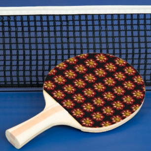 Red Collarette Dahlia Floral Pattern on Black Ping Pong Paddle