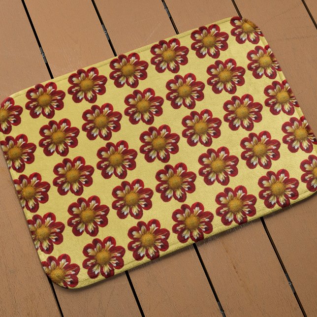 Red Collarette Dahlia Floral Pattern on Yellow Bath Mat (In Situ)