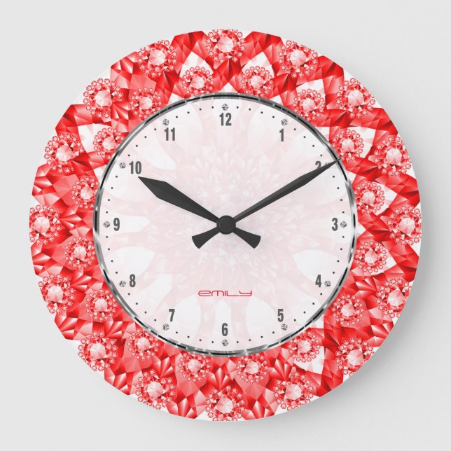 Red Colour Diamonds Print Geometric Pattern Large Clock (Front)