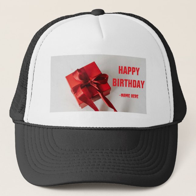 Red Colour Gift Box Wrapper Text Happy Birthday-Ca Trucker Hat (Front)