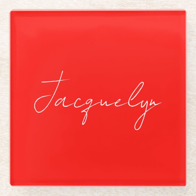 Red Colour Plain Elegant Modern Minimalist Name Glass Coaster (Front)