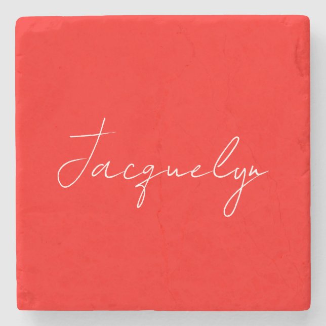 Red Colour Plain Elegant Modern Minimalist Name Stone Coaster (Front)