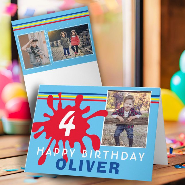 Red Colour Splash 3 Photo Birthday Card for Kids (Creator Uploaded)