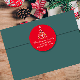 Red Colourful Christmas Tree Round Address Label