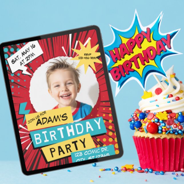 Red Comic Birthday Party with Picture Invitation (Creator Uploaded)