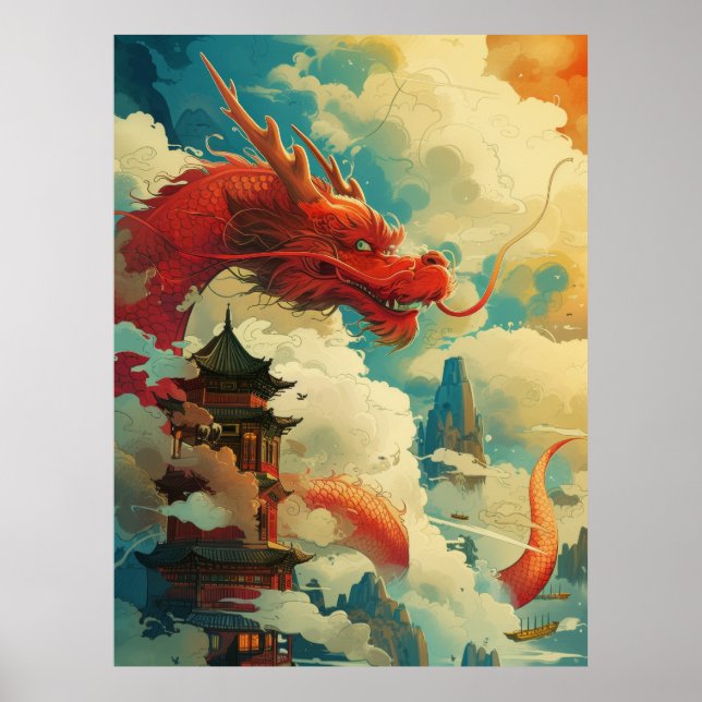Red Comic Style Chinese Dragon Poster (Front)