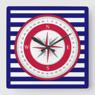 Red Compass Rose Blue and White Stripe Square Wall Clock