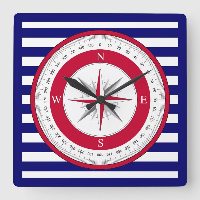 Red Compass Rose Blue and White Stripe Square Wall Clock (Front)