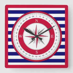 Red Compass Rose Blue and White Stripe Square Wall Clock
