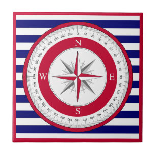 Red Compass Rose Blue and White Stripe Tile