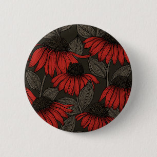 Red coneflowers on brown 6 cm round badge