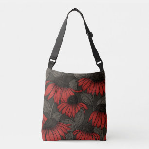 Red coneflowers on brown crossbody bag