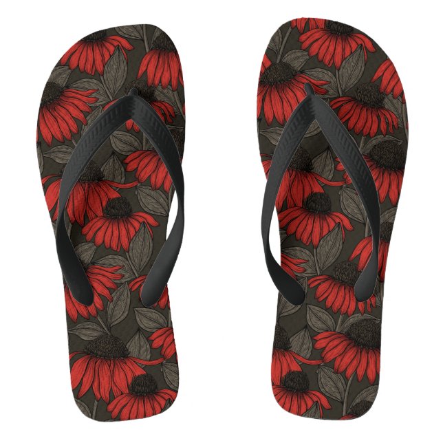 Red coneflowers on brown jandals (Footbed)