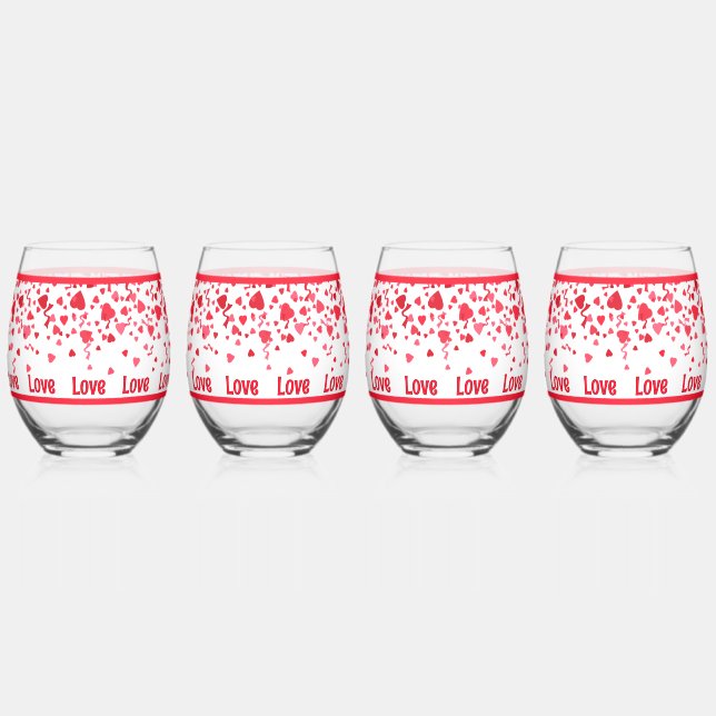 Red Confetti Hearts Personalised  Stemless Wine Glass (Front)