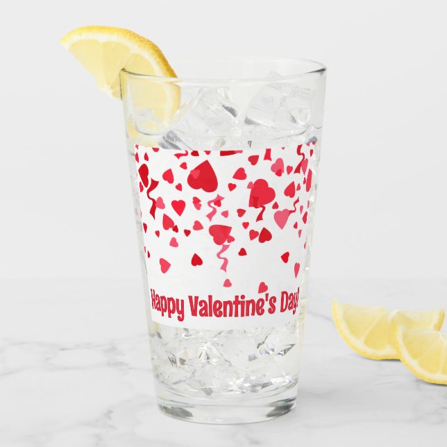 Red Confetti Valentine Hearts Personalised Glass (Front Ice)