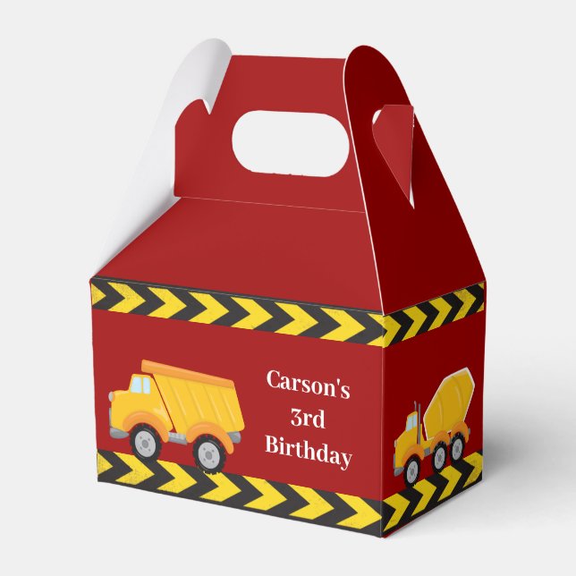 Red Construction Trucks Boys Birthday Party Favour Box (Front Side)