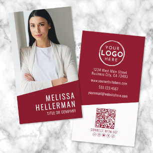 Red Contemporary Photo QR Code Logo Vertical Business Card