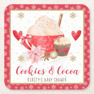Red Cookies and Cocoa Baby Shower Square Paper Coaster