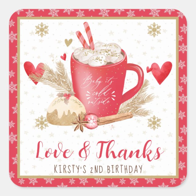 Red Cookies and Cocoa Birthday Square Sticker (Front)