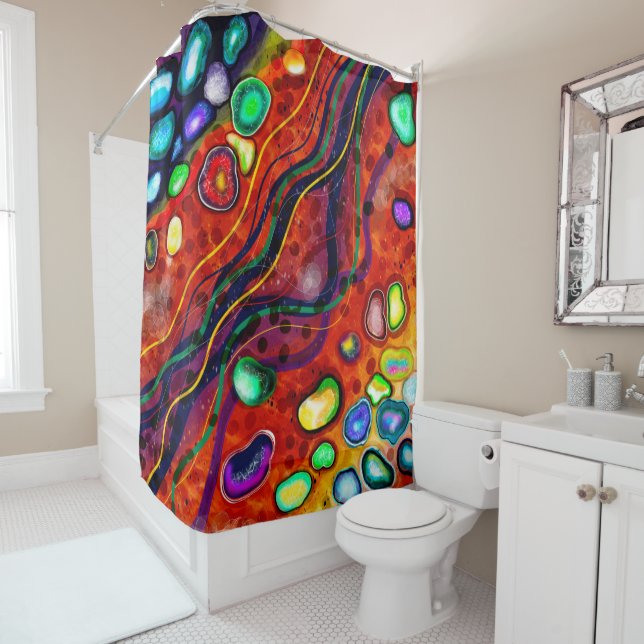 Red, Copper, Yellow, Blue, Green Swirls Modern Art Shower Curtain (In Situ)