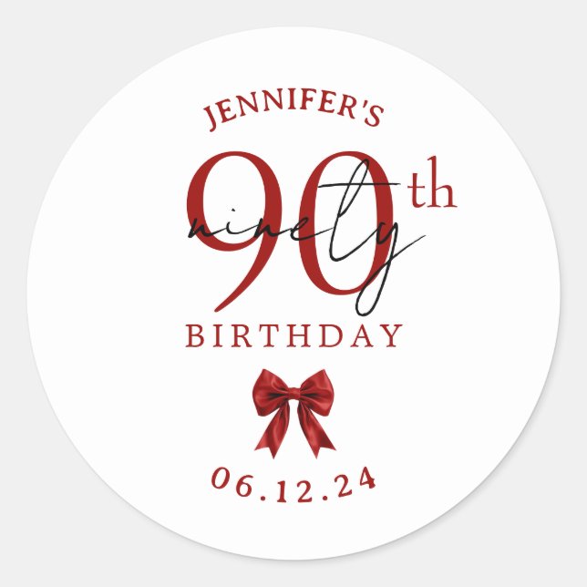 Red Coquette Bow 90th Birthday Party  Classic Round Sticker (Front)