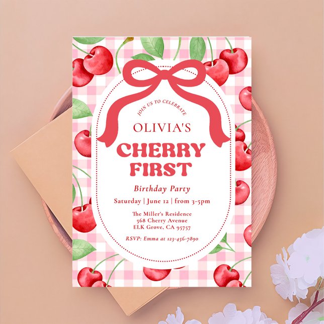 Red Coquette Bow Cherry First Birthday Party Invitation (Creator Uploaded)