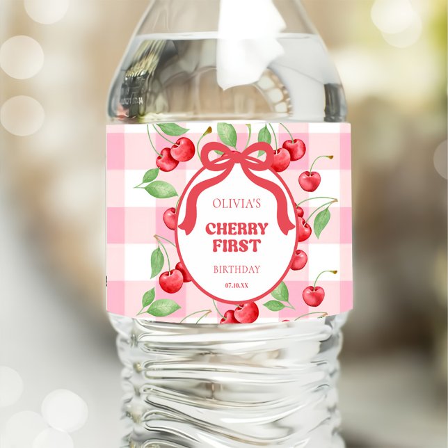 Red Coquette Bow Cherry First Birthday Party Water Bottle Label (Creator Uploaded)