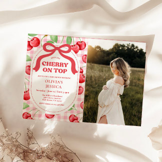 Red Coquette Bow Cherry On Top Baby Shower Photo Invitation