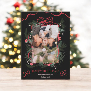 Red Coquette Bow Floral Christmas New Year Photo Holiday Card