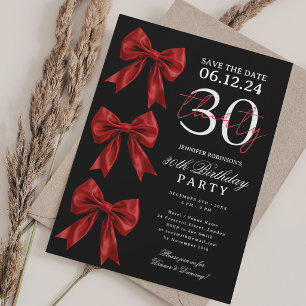 Red Coquette Bow Save Date 30th Birthday Black Invitation