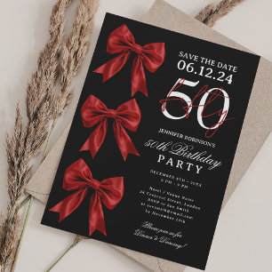 Red Coquette Bow Save Date 50th Birthday Black Invitation