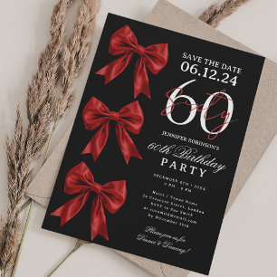 Red Coquette Bow Save Date 60th Birthday Black Invitation