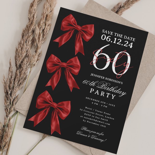 Red Coquette Bow Save Date 60th Birthday Black Invitation (Red Coquette Bow Save Date 60th Birthday Black Invitation)