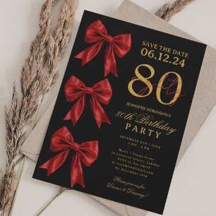 Red Coquette Bow Save Date 80th Birthday Black Invitation