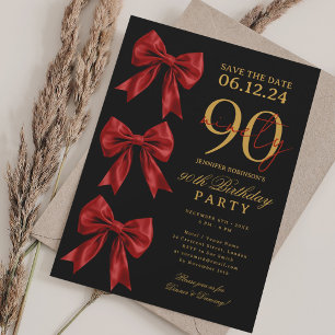 Red Coquette Bow Save Date 90th Birthday Black Invitation