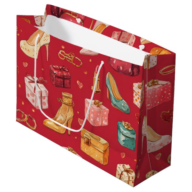 Red Coquette Christmas Glam Pattern Large Gift Bag (Front Angled)