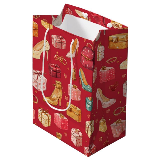 Red Coquette Christmas Glam Pattern Medium Gift Bag (Front Angled)