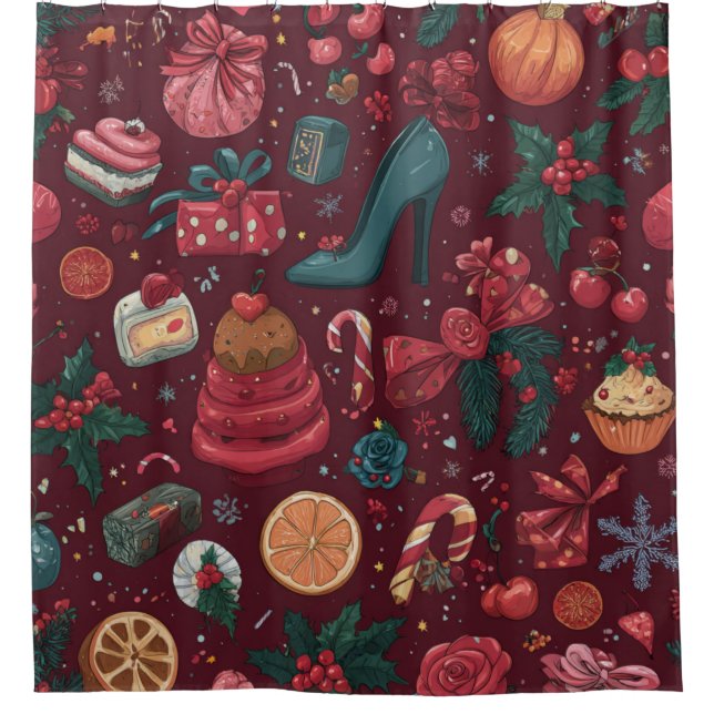 Red Coquette Christmas Glam Pattern Shower Curtain (Front)