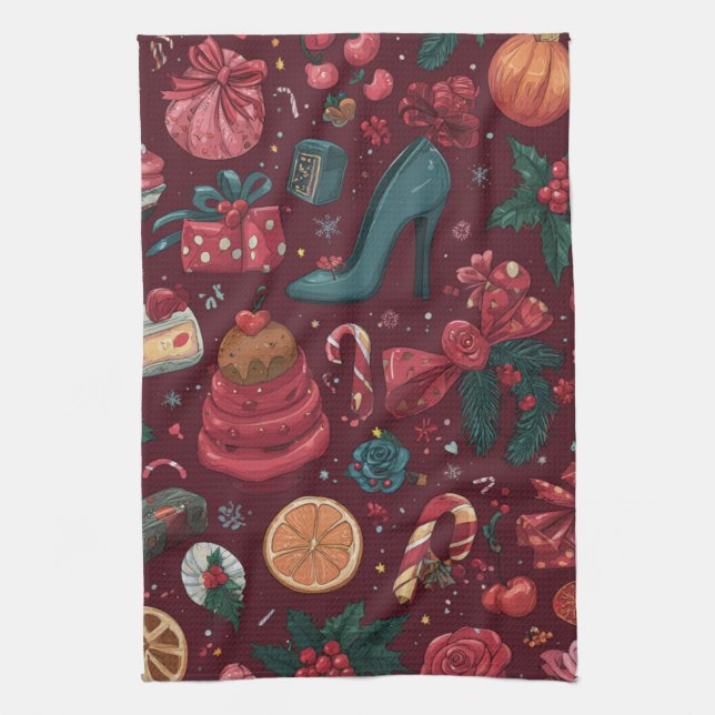 Red Coquette Christmas Glam Pattern Tea Towel (Vertical)