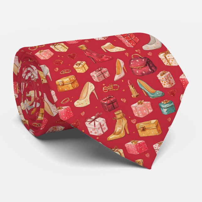 Red Coquette Christmas Glam Pattern Tie (Rolled)